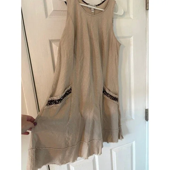 Linen Blend Shift Dress Beige Leopard Trim Pockets Size 12 Boho Casual - Picture 3 of 6
